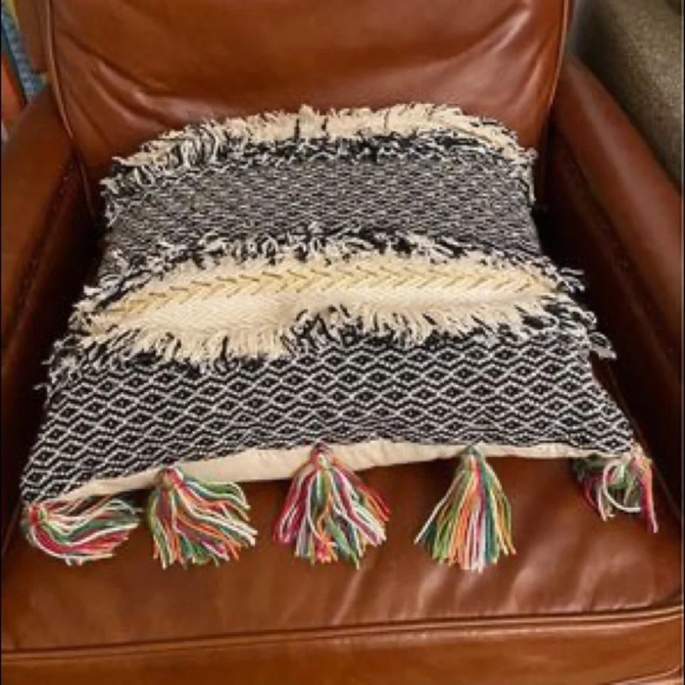Anthropologie | Tasseled Retrograde Pillow Black Ivory Gold Embroidered